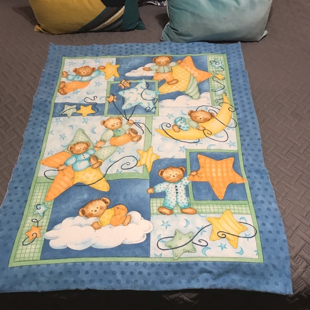VTG Night Time Teddy Bear Quilted Crib Blanket Stars Moon Clouds Flannel 40x31”